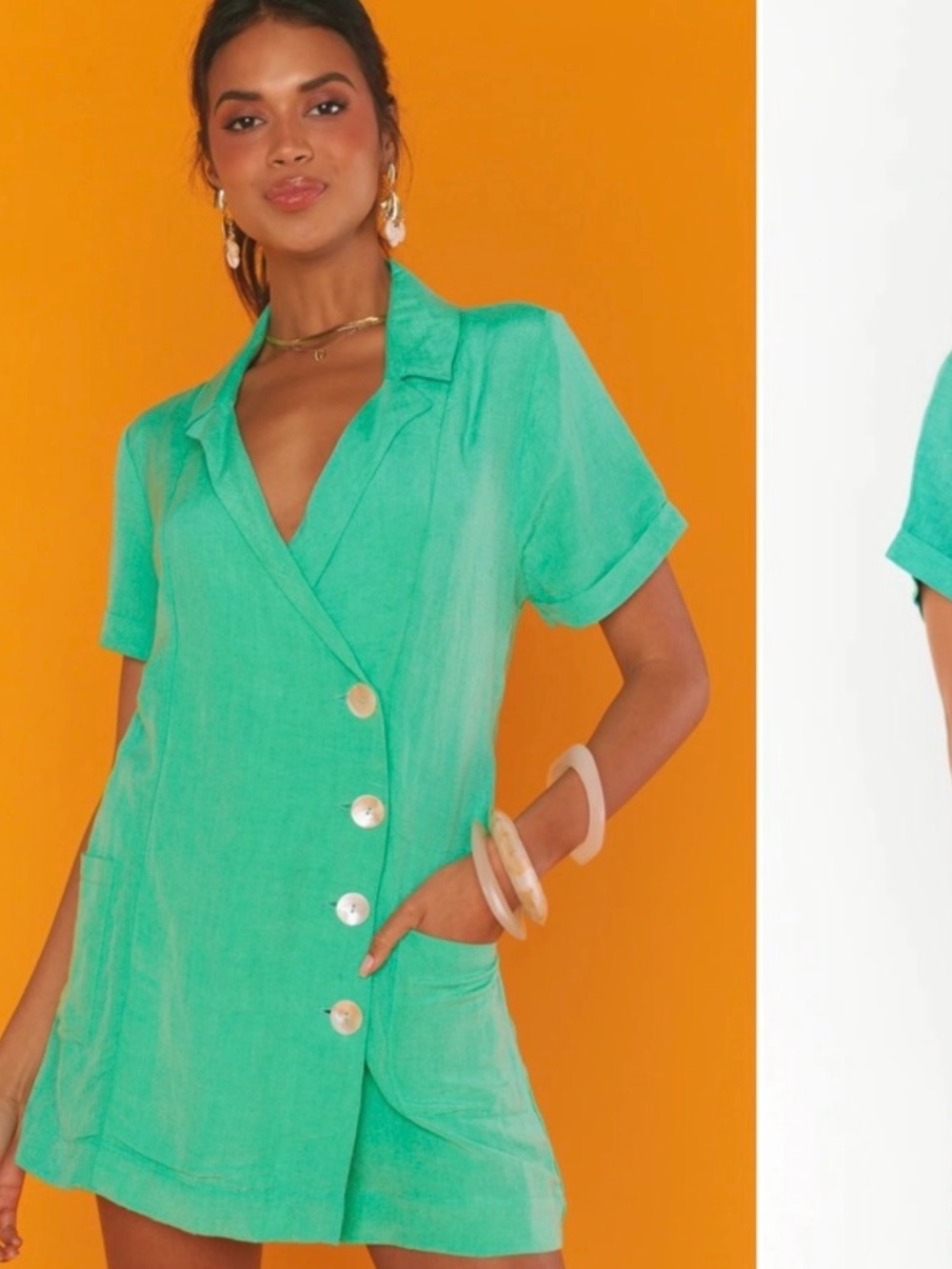 Show Me Your MuMu Green Short-Sleeve Bicoastal Linen Blazer Romper